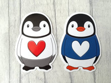 Load image into Gallery viewer, Penguin vinyl stickers, penguin jumper sticker, heart, cute sticker