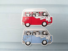 Load image into Gallery viewer, Camper van sticker, penguins vinyl sticker, penguin sticker, red and blue camper van, cute sticker