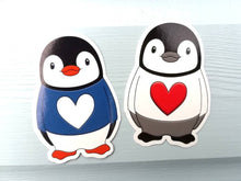 Load image into Gallery viewer, Penguin vinyl stickers, penguin jumper sticker, heart, cute sticker