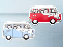Load image into Gallery viewer, Camper van sticker, penguins vinyl sticker, penguin sticker, red and blue camper van, cute sticker