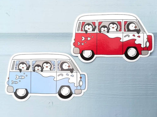 Camper van sticker, penguins vinyl sticker, penguin sticker, red and blue camper van, cute sticker