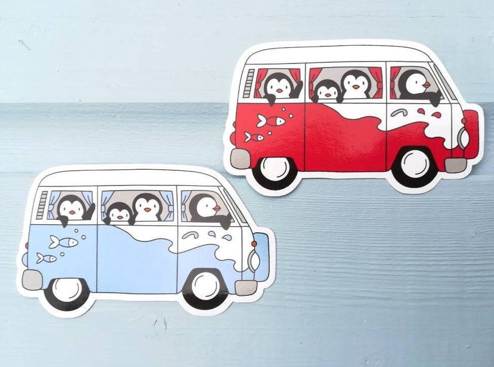 Camper van sticker, penguins vinyl sticker, penguin sticker, red and blue camper van, cute sticker