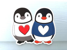 Load image into Gallery viewer, Penguin vinyl stickers, penguin jumper sticker, heart, cute sticker