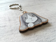 Load image into Gallery viewer, Seconds - Rabbit keyring, wooden grey bunny key fob, rabbit key chain, wood bag charm, made from eco friendly, responsibly resourced wood.