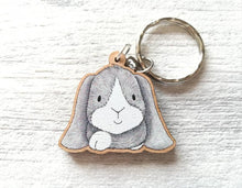 Load image into Gallery viewer, Seconds - Rabbit keyring, wooden grey bunny key fob, rabbit key chain, wood bag charm, made from eco friendly, responsibly resourced wood.
