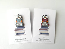 Load image into Gallery viewer, Penguin book enamel pin, penguin brooch, just one more page badge, hard enamel pins