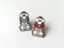 Load image into Gallery viewer, Penguin book enamel pin, penguin brooch, just one more page badge, hard enamel pins
