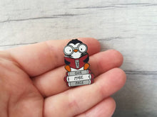Load image into Gallery viewer, Penguin book enamel pin, penguin brooch, just one more page badge, hard enamel pins