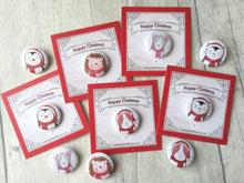 Load image into Gallery viewer, Mini Christmas badges, stocking filler pin badge, penguin, cat, rat, guinea pig and hedgehog pin buttons