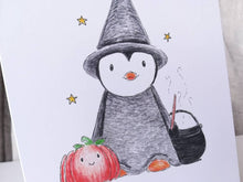 Load image into Gallery viewer, Halloween penguin witch, Halloween card, penguin, cauldron and broom
