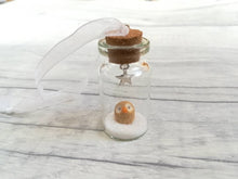 Load image into Gallery viewer, Owl Christmas decoration. Little pottery owl in a miniature glass bottle. Mini Christmas owl ornament
