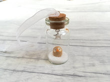 Load image into Gallery viewer, Owl Christmas decoration. Little pottery owl in a miniature glass bottle. Mini Christmas owl ornament