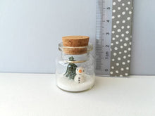 Load image into Gallery viewer, Miniature snowman Christmas decoration. Little pottery snowman and tree in a glass bottle. Christmas mini ornament
