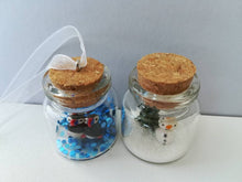 Load image into Gallery viewer, Miniature snowman Christmas decoration. Little pottery snowman and tree in a glass bottle. Christmas mini ornament