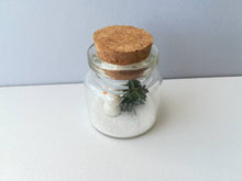 Load image into Gallery viewer, Miniature snowman Christmas decoration. Little pottery snowman and tree in a glass bottle. Christmas mini ornament