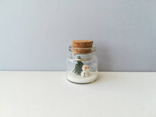 Load image into Gallery viewer, Miniature snowman Christmas decoration. Little pottery snowman and tree in a glass bottle. Christmas mini ornament