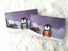 Load image into Gallery viewer, Christmas penguin soft enamel pin, penguin brooch, Christmas glitter jumper. Blue or red