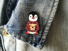 Load image into Gallery viewer, Christmas penguin soft enamel pin, penguin brooch, Christmas glitter jumper. Blue or red