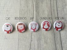 Load image into Gallery viewer, Mini Christmas badges, stocking filler pin badge, penguin, cat, rat, guinea pig and hedgehog pin buttons