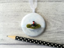 Load image into Gallery viewer, Pottery puffin. Little ceramic puffin hanger. Hand painted