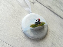 Load image into Gallery viewer, Pottery puffin. Little ceramic puffin hanger. Hand painted

