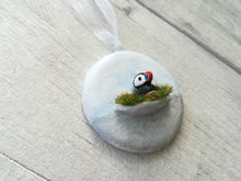 Load image into Gallery viewer, Pottery puffin. Little ceramic puffin hanger. Hand painted