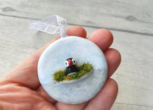 Load image into Gallery viewer, Pottery puffin. Little ceramic puffin hanger. Hand painted