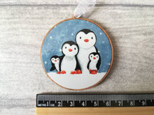 Load image into Gallery viewer, Penguin family decoration. Wooden Christmas ornament, penguins in the snow, eco friendly wood