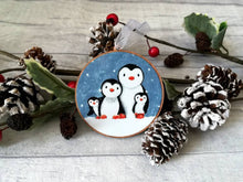 Load image into Gallery viewer, Penguin family decoration. Wooden Christmas ornament, penguins in the snow, eco friendly wood