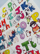 Load image into Gallery viewer, Penguin alphabet postcard. Penguin post card for posting or framing!