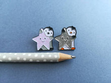 Load image into Gallery viewer, SECONDS Little penguin and sparkly star pin. Small penguin glitter enamel pin.