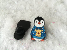 Load image into Gallery viewer, Christmas penguin soft enamel pin, penguin brooch, Christmas glitter jumper. Blue or red