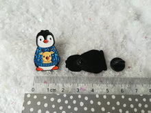 Load image into Gallery viewer, Seconds. Christmas penguin soft enamel pin, penguin brooch, Christmas glitter reindeer jumper. Blue or red