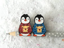 Load image into Gallery viewer, Seconds. Christmas penguin soft enamel pin, penguin brooch, Christmas glitter reindeer jumper. Blue or red