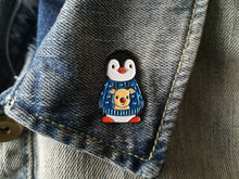 Load image into Gallery viewer, Seconds. Christmas penguin soft enamel pin, penguin brooch, Christmas glitter reindeer jumper. Blue or red