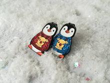 Load image into Gallery viewer, Seconds. Christmas penguin soft enamel pin, penguin brooch, Christmas glitter reindeer jumper. Blue or red
