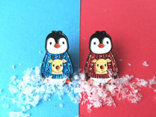 Load image into Gallery viewer, Seconds. Christmas penguin soft enamel pin, penguin brooch, Christmas glitter reindeer jumper. Blue or red