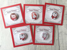 Load image into Gallery viewer, Mini Christmas badges, stocking filler pin badge, penguin, cat, rat, guinea pig and hedgehog pin buttons