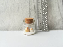 Load image into Gallery viewer, Miniature owl Christmas decoration. Little pottery owls in a glass bottle. Christmas owl mini ornament