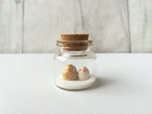 Load image into Gallery viewer, Miniature owl Christmas decoration. Little pottery owls in a glass bottle. Christmas owl mini ornament