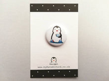 Load image into Gallery viewer, Mini button badge, the design is a penguin in blue slippers holding a cup of tea