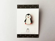 Load image into Gallery viewer, Penguin wooden pin badge, cute little penguin brooch. Made from environmentally friendly, responsibly resourced wood.