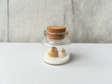 Load image into Gallery viewer, Miniature owl Christmas decoration. Little pottery owls in a glass bottle. Christmas owl mini ornament