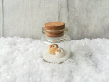 Load image into Gallery viewer, Miniature owl Christmas decoration. Little pottery owls in a glass bottle. Christmas owl mini ornament