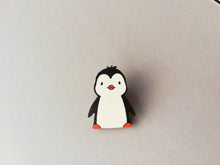 Load image into Gallery viewer, Penguin wooden pin badge, cute little penguin brooch. Made from environmentally friendly, responsibly resourced wood.