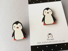 Load image into Gallery viewer, Penguin wooden pin badge, cute little penguin brooch. Made from environmentally friendly, responsibly resourced wood.