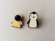 Load image into Gallery viewer, Penguin wooden pin badge, cute little penguin brooch. Made from environmentally friendly, responsibly resourced wood.
