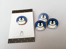 Load image into Gallery viewer, Penguin pin, wooden pin badge, cute little blue starry penguin chick brooch.