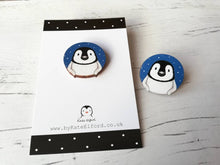 Load image into Gallery viewer, Penguin pin, wooden pin badge, cute little blue starry penguin chick brooch.