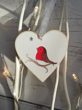 Load image into Gallery viewer, Robin memory heart. With you. Little robin ornament, with a silver glitter star, Made from responsibly resourced wood.